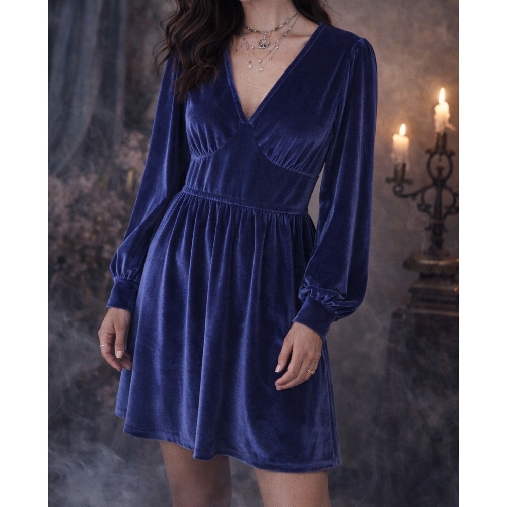 Candace Cameron Bure Velvet Mini Dress Womens L Blue Excellent V-Neck Holiday